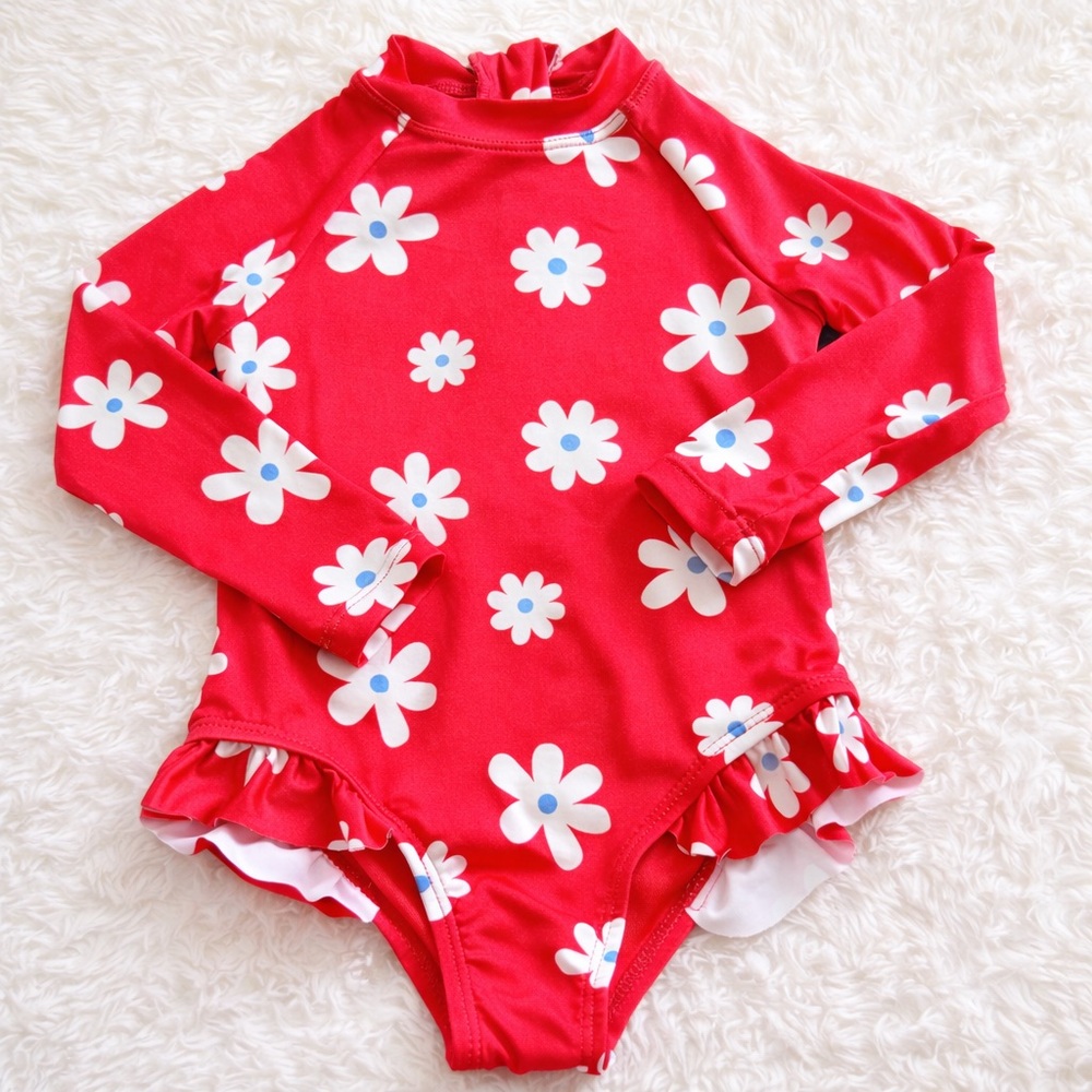 2-3Y Primark Coral Pink Daisy Rash Guard Swimsuit Long Sleeve Zip Front NWOT
